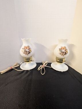 Vintage Hurricane Table Lamps, Milk Glass Shade & Base, Floral Design